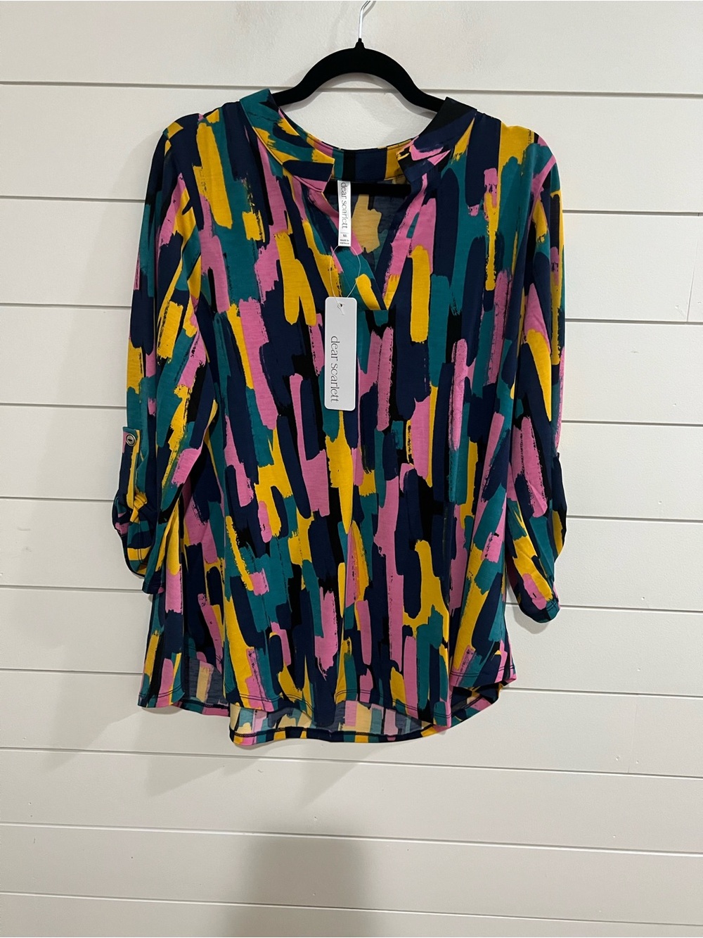 Dear Scarlett Multicolor Brushstroke V-Neck Blouse - Pink, Teal, Navy, Yellow